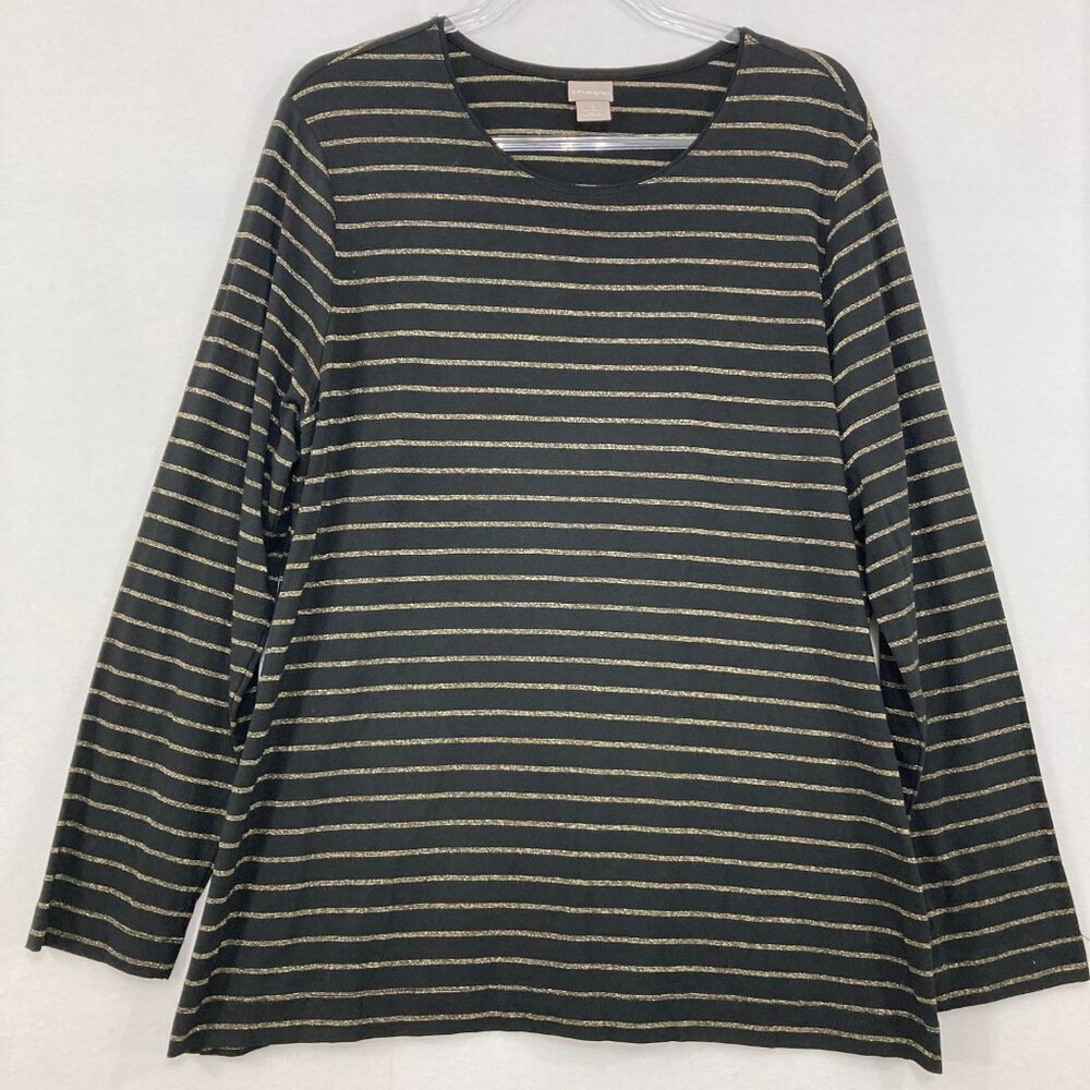 Chico's size XL/3 Black Gold Metallic Striped Stretch Crew Neck Casual Comfy Top